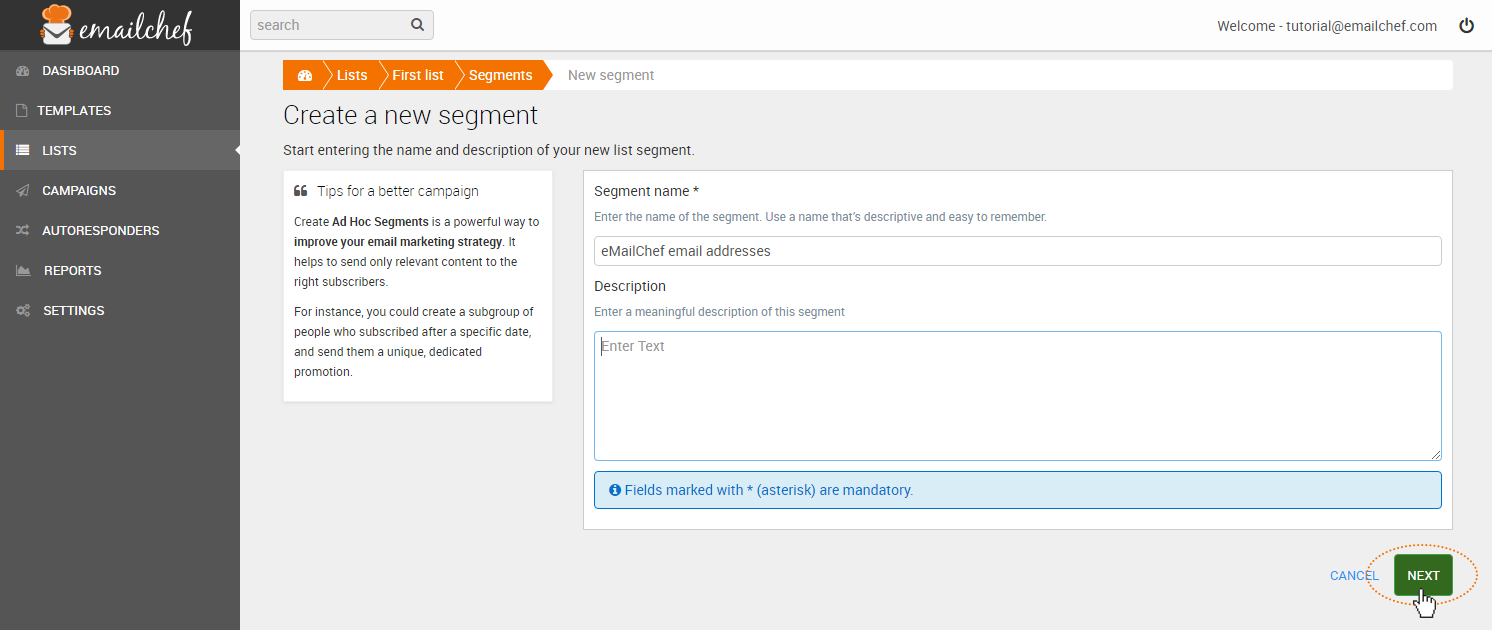 How to create segment inside eMailChef