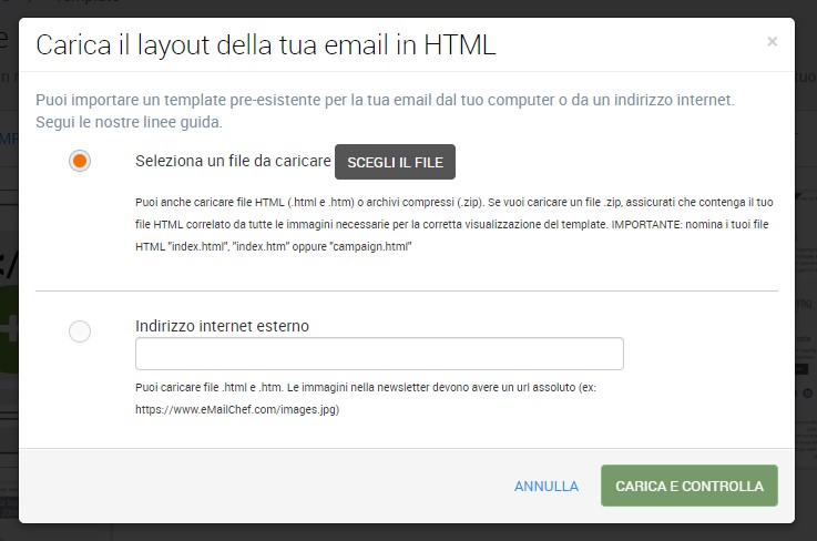 Carica il layout della tua email in HTML