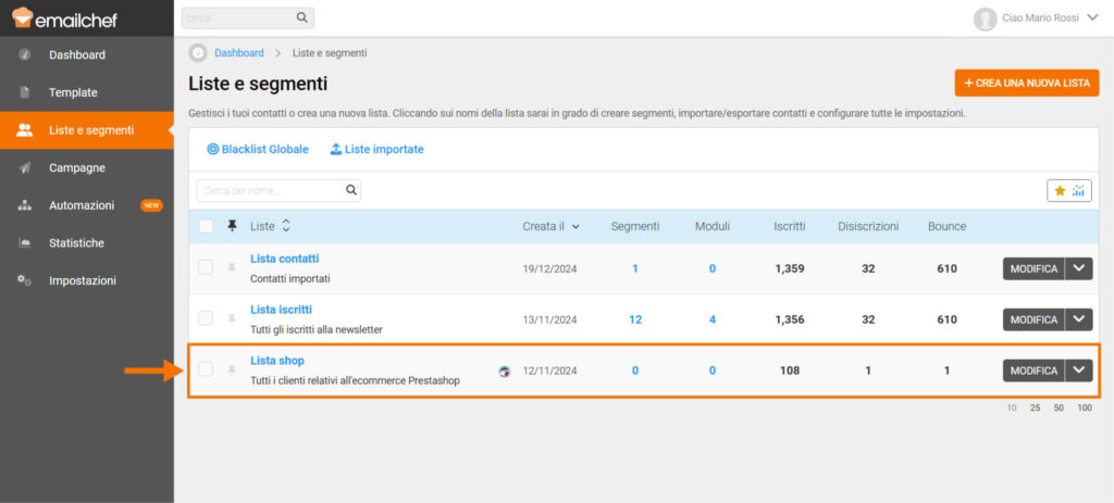 Crea email automatica di carrello abbandonato, gestione lista contatti