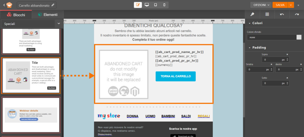 Gestisci i contenuti dinamici per l'email di carrello abbandonato