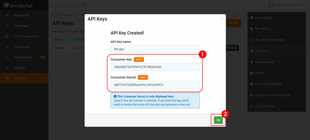 Copy API keys