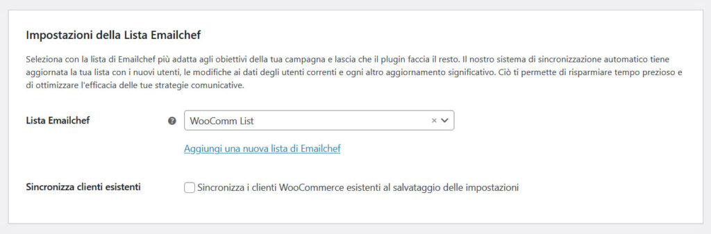 Impostazioni lista plugin Emailchef per Woocommerce