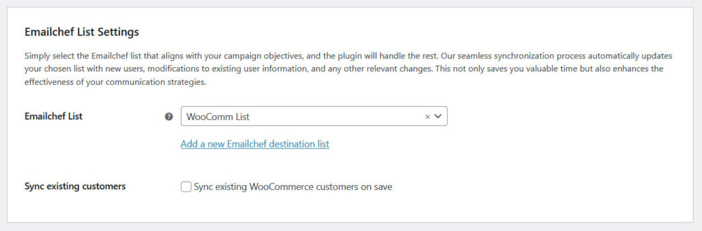 Woocommerce email marketing plugin, list settings