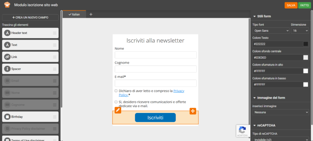 Editor moduli di iscrizione alla mailing list