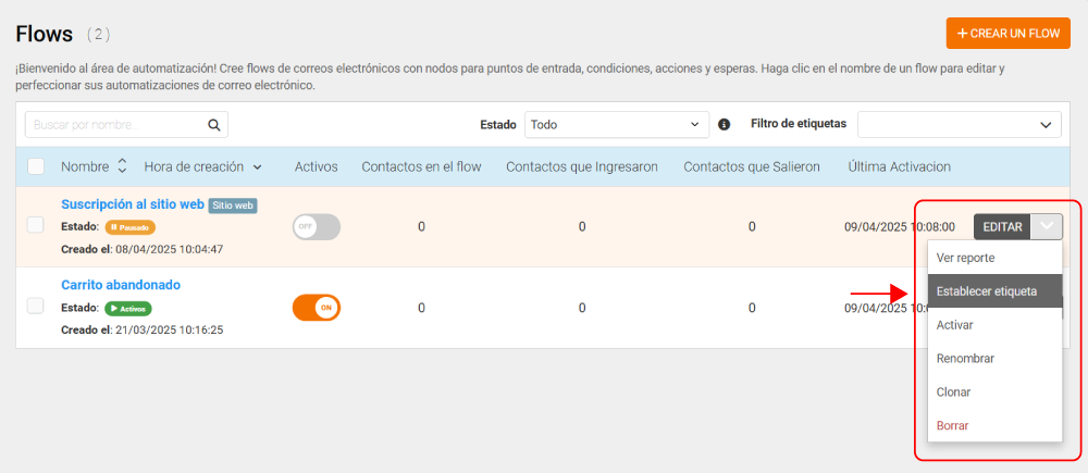 Etiquetas de automatizaciones de correo electrónico