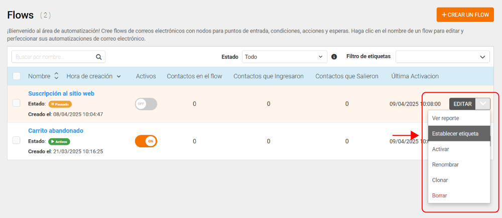Etiquetas de automatizaciones de correo electrónico