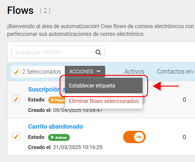 Etiquetas de automatizaciones de correo electrónico