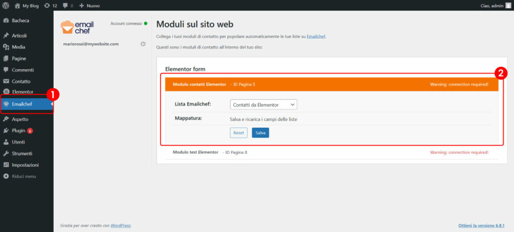 Collega modulo Elementor a lista Emailchef