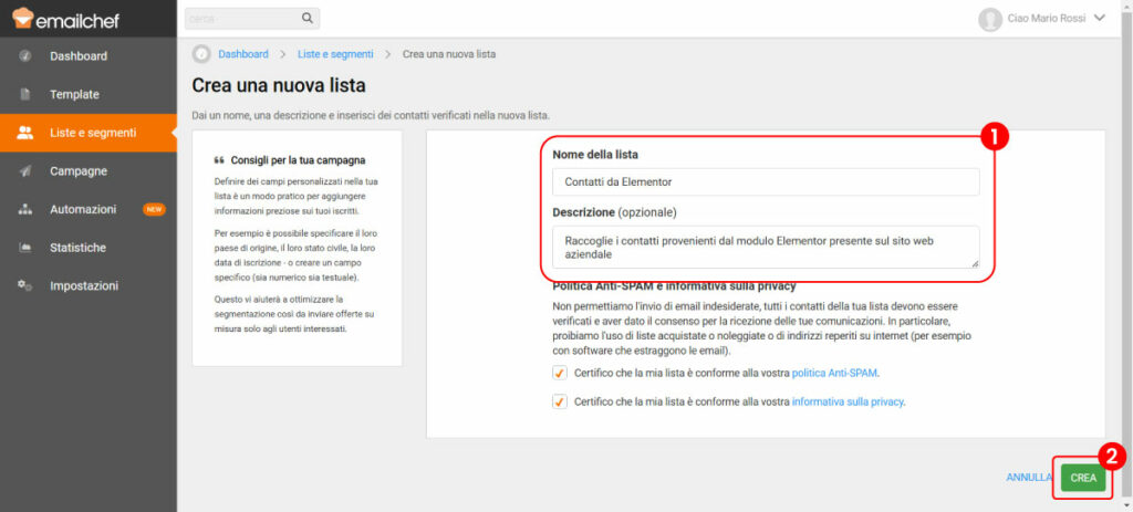 Crea una nuova lista contatti per il modulo Elementor