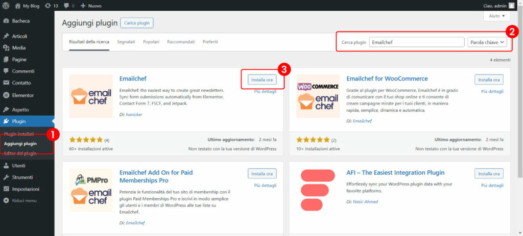 Installa il plugin Emailchef per WordPress