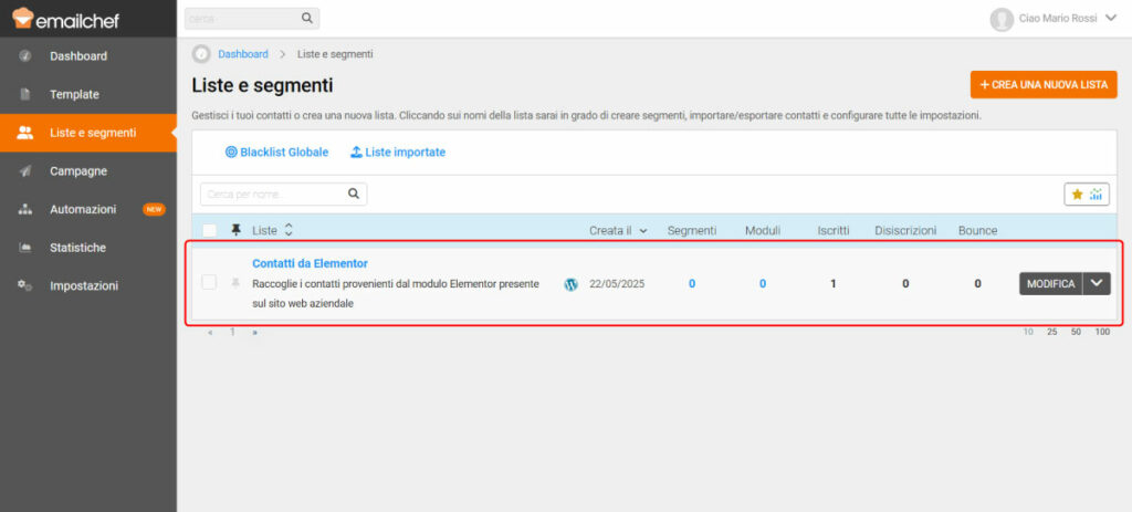 Lista contatti connessa a WordPress