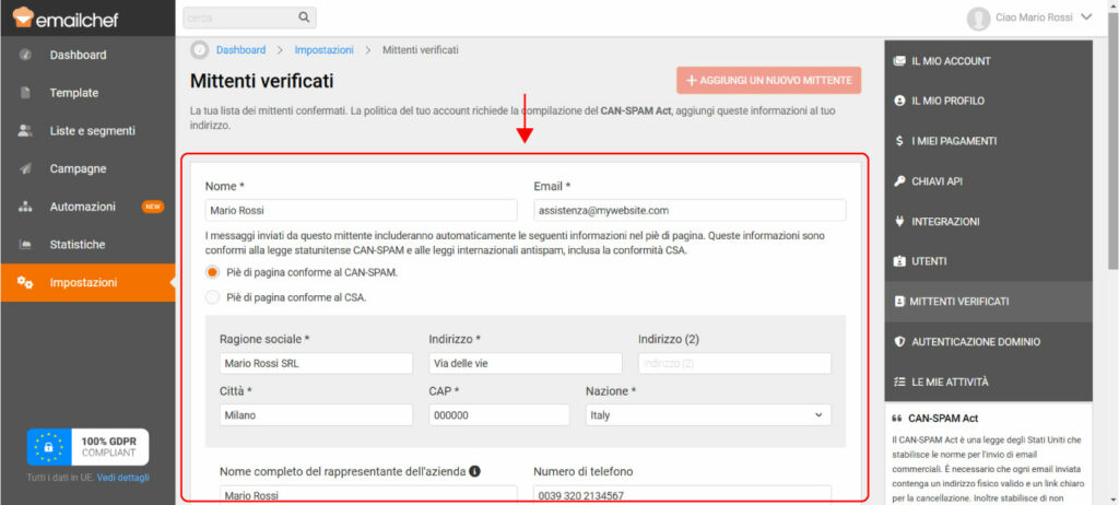 Creazione mittente email verificato