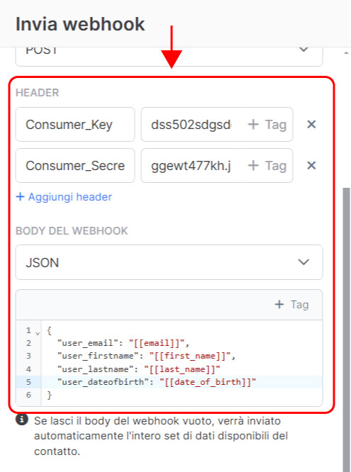 Emailchef Flow: azione invia un webhook