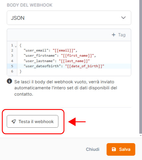 Emailchef Flow: azione invia un webhook