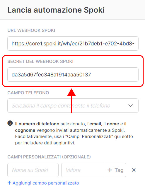 Emailchef Flow: azione lancia automazione Spoki