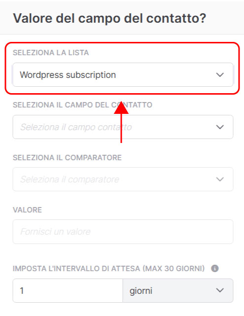 Emailchef Flow: evento valore del campo del contatto