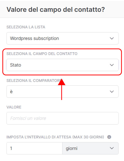 Emailchef Flow: evento valore del campo del contatto