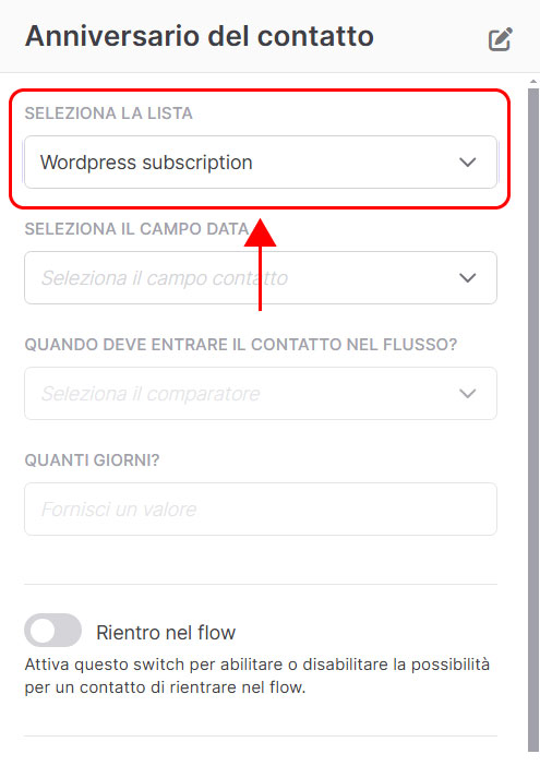 Emailchef flow: anniversario contatto