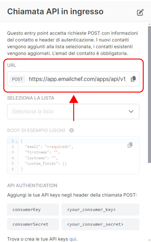 Emailchef Flow: chiamata API in ingresso