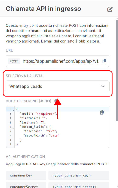 Emailchef Flow: chiamata API in ingresso