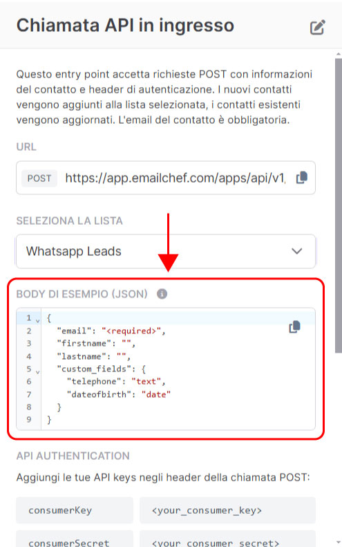 Emailchef Flow: chiamata API in ingresso