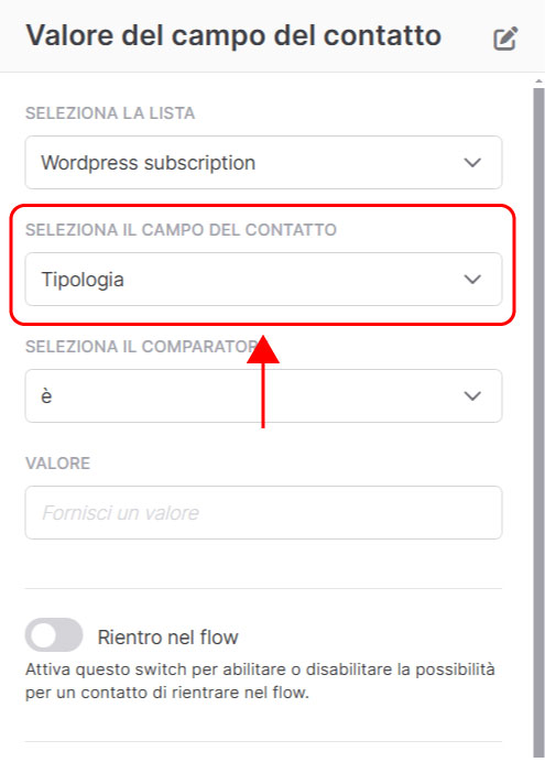 Emailchef Flow: valore del campo del contatto