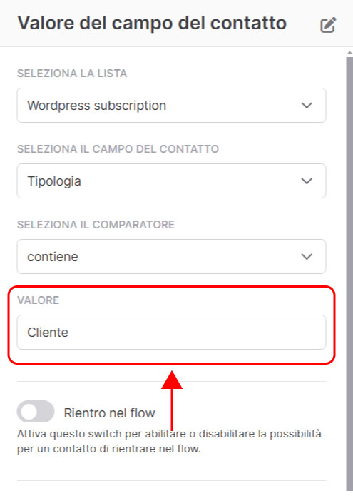 Emailchef Flow: valore del campo del contatto