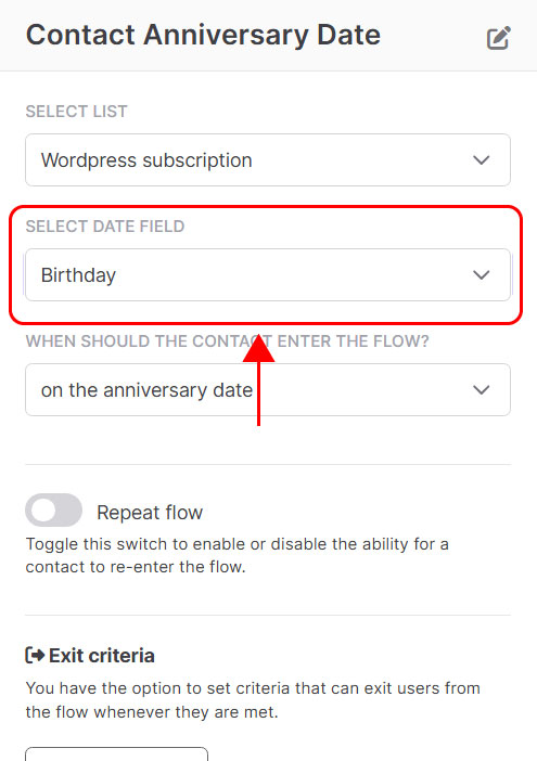 Entry point: contact anniversary date