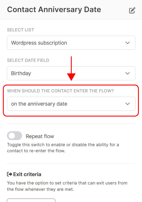 Entry point: contact anniversary date
