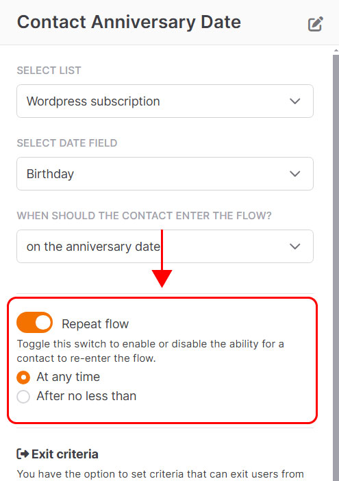 Entry point: contact anniversary date