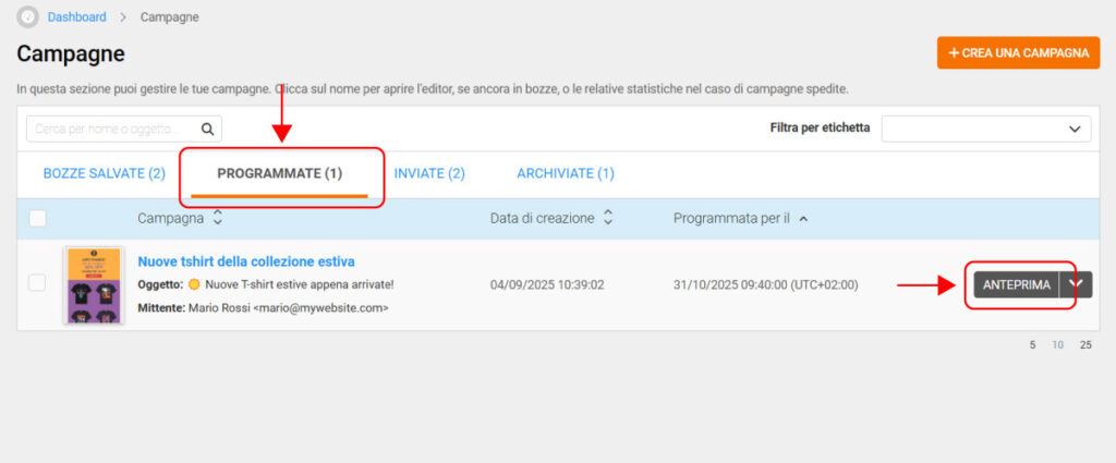Gestione delle campagne programmate