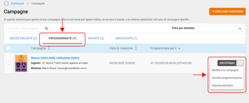 Gestione delle campagne programmate, anteprima