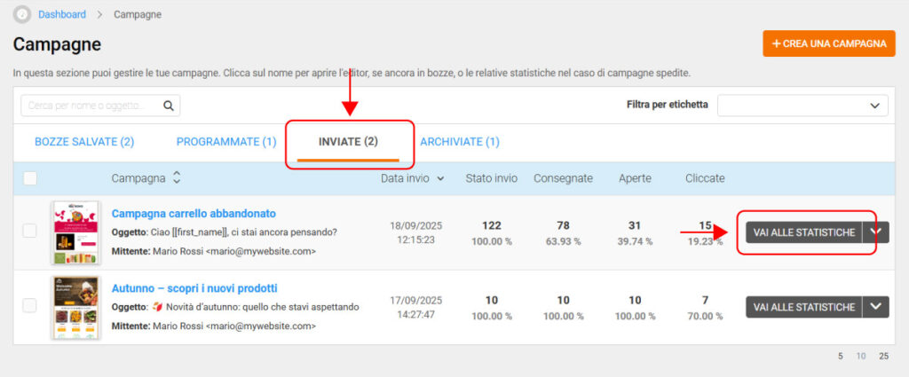 Gestione delle campagne inviate