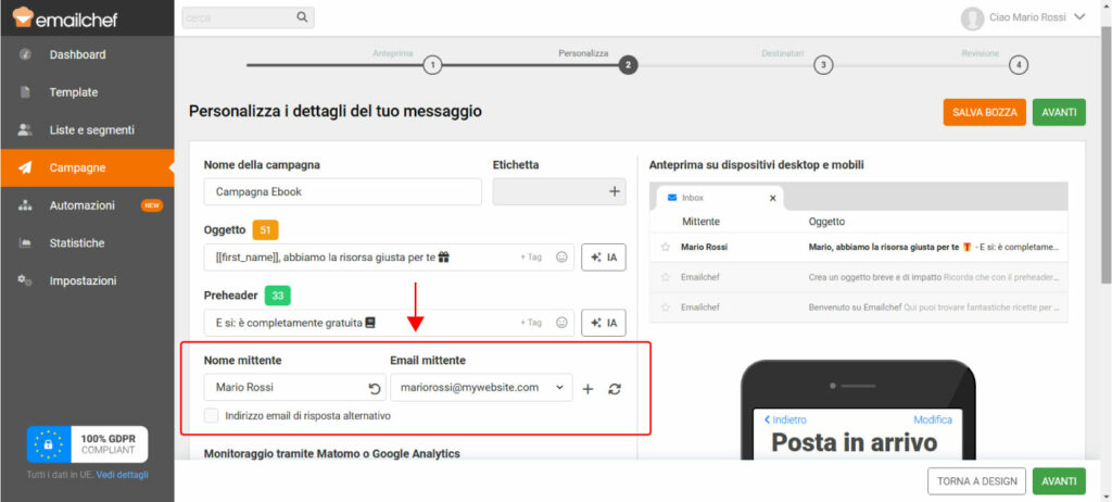 Come personalizzare il mittente di una campagna di email marketing