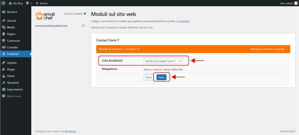 Connetti i tuoi moduli Contact Form 7 alle liste Emailchef