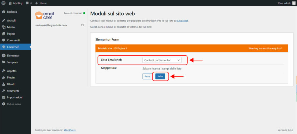Integrazione Emailchef e Elementor