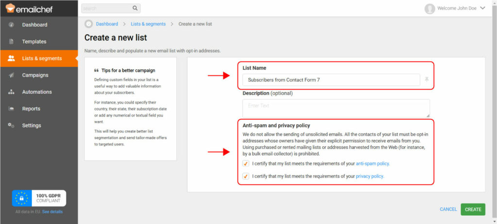 Integra Emailchef con Contact Form 7 en WordPress